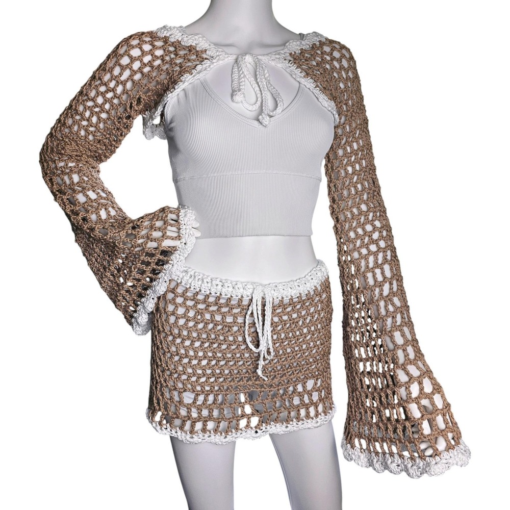 Handmade Crochet Festival Set, Bell Sleeve Front Tie Shrug & Mini Skirt, Taupe - Picture 11 of 14